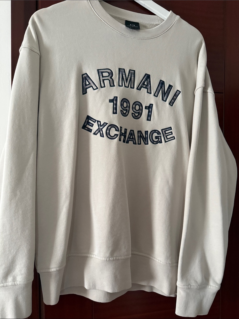 Armani Exchange Cream Crewneck with Navy Lettering